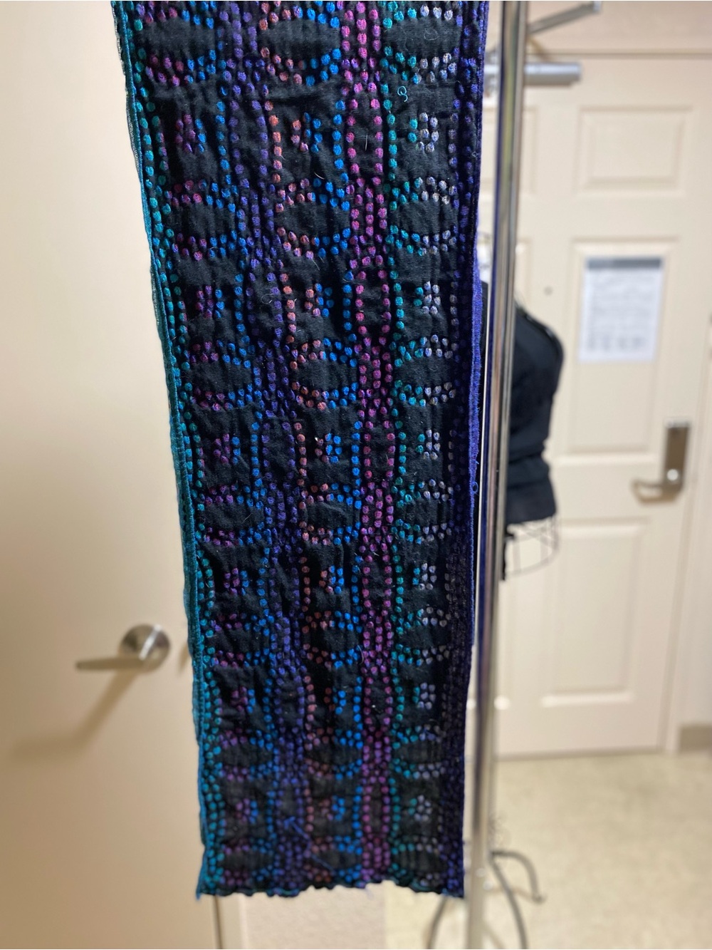 Black Multicolor Handwoven Scarf with Teal & Purple Accents